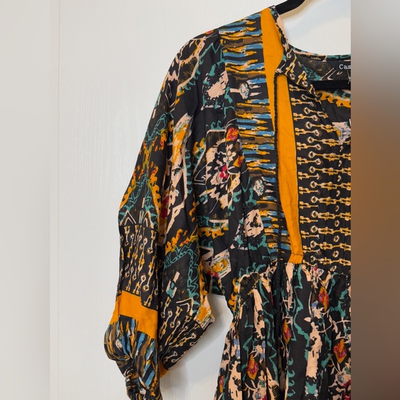 Boho Midi Dress Mixed Print Mustard Trim Elastic Waist Cassees Size M NWT Rayon - Picture 4 of 6